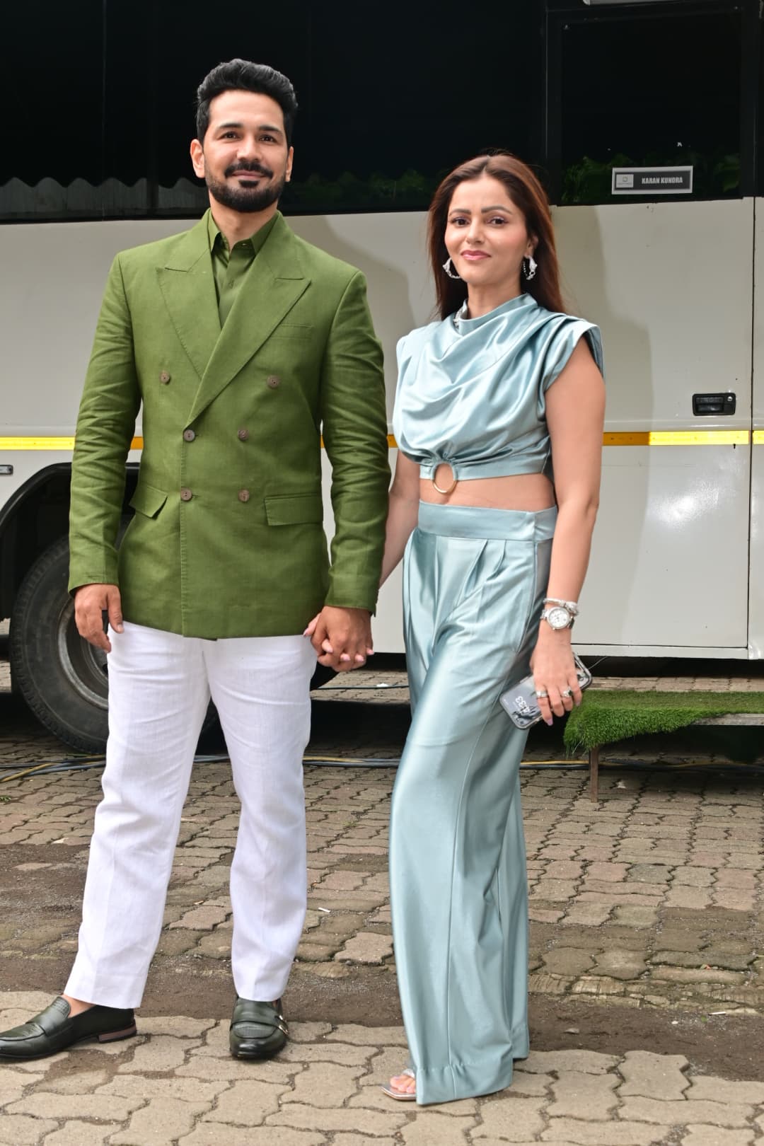 Rubina Dilaik and husband Abhinav Shukla were spotted posing hand-in-hand as they arrived for the finale shoot of Laughter Chefs.